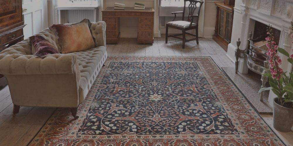 Handmade rug anchoring a traditional sitting room