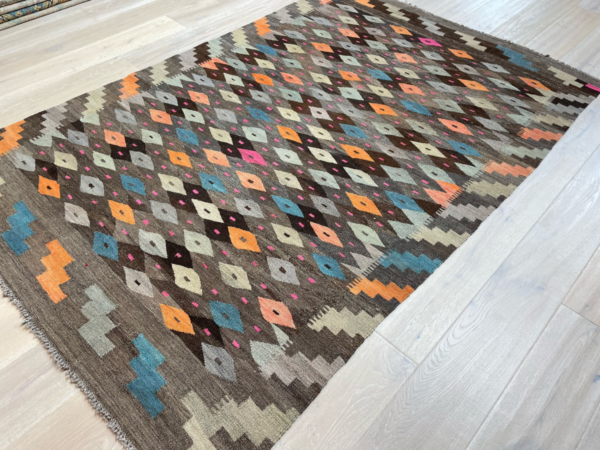 Hand-Woven Afghan Maimana Kilim | Multi-Tone Geometric Wool Flatweave Rug