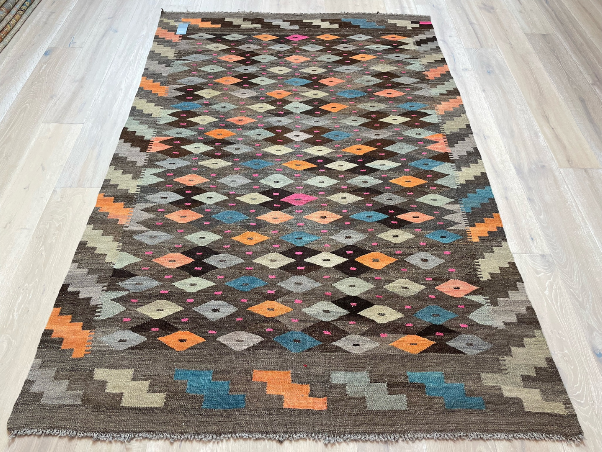 Hand-Woven Afghan Maimana Kilim | Multi-Tone Geometric Wool Flatweave Rug